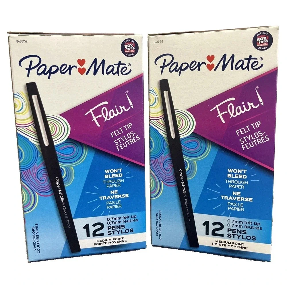 2 BOXES Paper Mate Flair Felt Tip Pens Medium Point 0.7mm Black 24 PENS